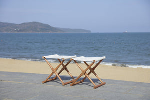 Safavieh BREANNE Outdoor Stool with Stylish Navy Upholstery - Perfect for Patios, Decks, and Lounging Areas Natural / Beige PAT7053A-SET2