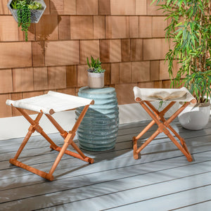 Safavieh BREANNE Outdoor Stool with Stylish Navy Upholstery - Perfect for Patios, Decks, and Lounging Areas Natural / Beige PAT7053A-SET2