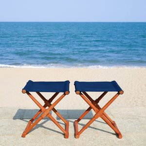 Safavieh BREANNE Outdoor Stool with Stylish Navy Upholstery - Perfect for Patios, Decks, and Lounging Areas Natural / Navy PAT7053B-SET2