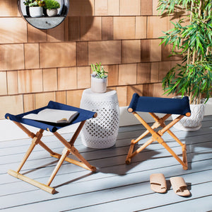 Safavieh BREANNE Outdoor Stool with Stylish Navy Upholstery - Perfect for Patios, Decks, and Lounging Areas Natural / Navy PAT7053B-SET2