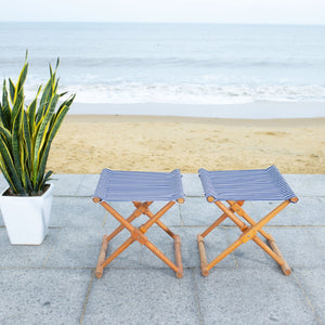Safavieh BREANNE Outdoor Stool with Stylish Navy Upholstery - Perfect for Patios, Decks, and Lounging Areas Natural / Navy Stripe PAT7053C-SET2
