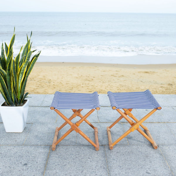 Safavieh BREANNE Outdoor Stool with Stylish Navy Upholstery - Perfect for Patios, Decks, and Lounging Areas Natural / Navy Stripe PAT7053C-SET2