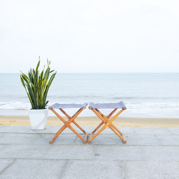 Safavieh BREANNE Outdoor Stool with Stylish Navy Upholstery - Perfect for Patios, Decks, and Lounging Areas Natural / Navy Stripe PAT7053C-SET2