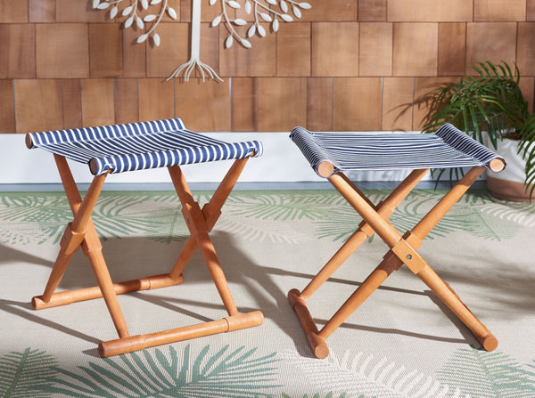 Safavieh BREANNE Outdoor Stool with Stylish Navy Upholstery - Perfect for Patios, Decks, and Lounging Areas Natural / Navy Stripe PAT7053C-SET2