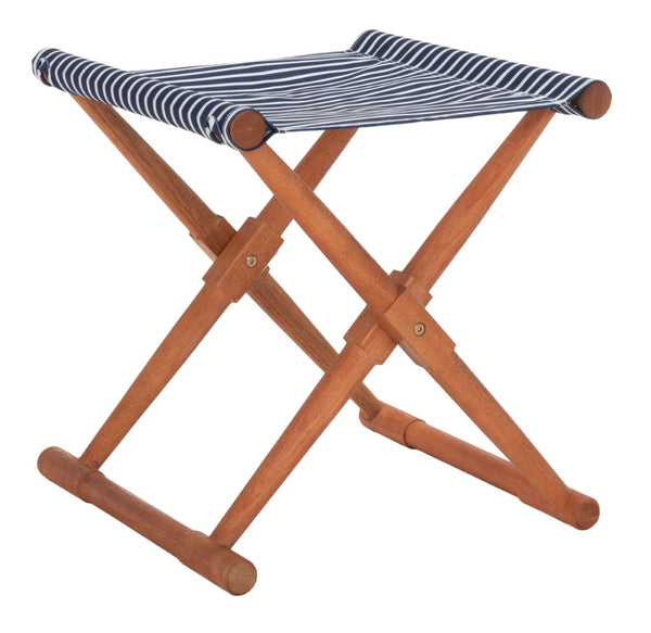 Safavieh BREANNE Outdoor Stool with Stylish Navy Upholstery - Perfect for Patios, Decks, and Lounging Areas Natural / Navy Stripe PAT7053C-SET2