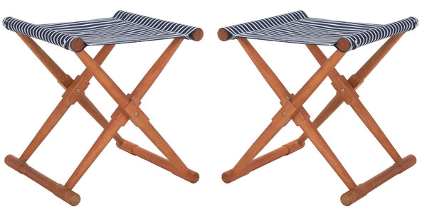 Safavieh BREANNE Outdoor Stool with Stylish Navy Upholstery - Perfect for Patios, Decks, and Lounging Areas Natural / Navy Stripe PAT7053C-SET2