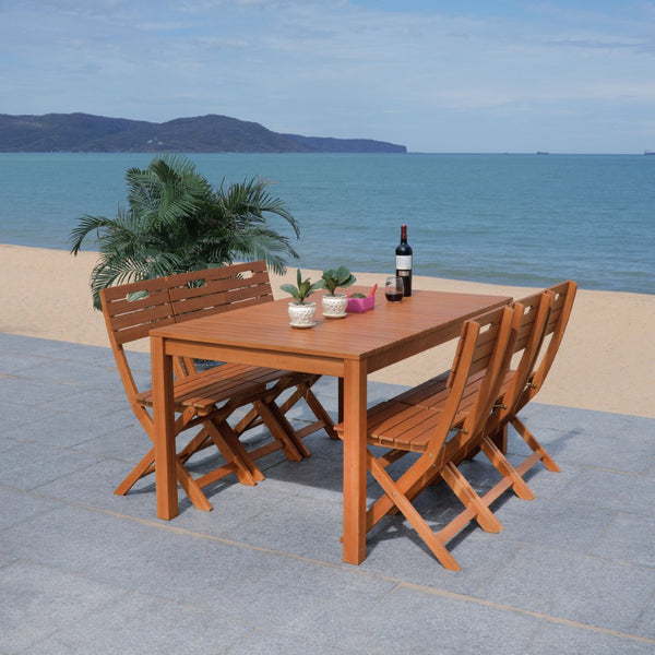 Safavieh DORES Outdoor Dining Table - Contemporary Eucalyptus Wood, Stylish Slat-Top Design for Al Fresco Dining PAT7061A