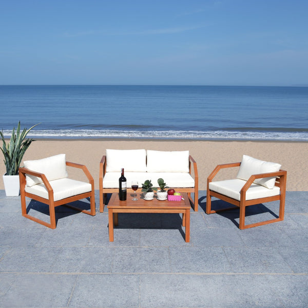 Safavieh DREN 4-Piece Contemporary Outdoor Living Set with Plush Cushions for Cozy Patio Relaxation Natural / Beige PAT7067A