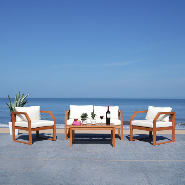Safavieh DREN 4-Piece Contemporary Outdoor Living Set with Plush Cushions for Cozy Patio Relaxation Natural / Beige PAT7067A