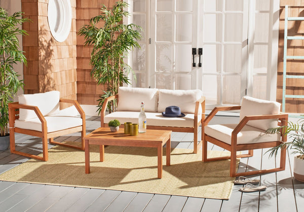 Safavieh DREN 4-Piece Contemporary Outdoor Living Set with Plush Cushions for Cozy Patio Relaxation Natural / Beige PAT7067A