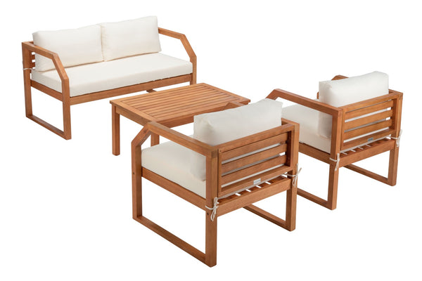 Safavieh DREN 4-Piece Contemporary Outdoor Living Set with Plush Cushions for Cozy Patio Relaxation Natural / Beige PAT7067A