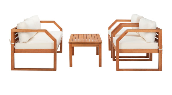 Safavieh DREN 4-Piece Contemporary Outdoor Living Set with Plush Cushions for Cozy Patio Relaxation Natural / Beige PAT7067A