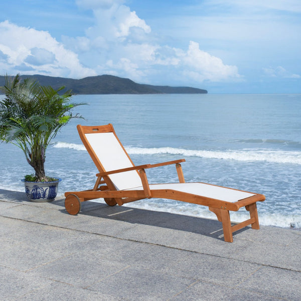 Safavieh KAMSON Deluxe Sun Lounger - Stylish Eucalyptus Wood Frame for Ultimate Outdoor Comfort and Relaxation Natural / Beige PAT7071A