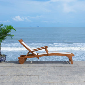 Safavieh KAMSON Deluxe Sun Lounger - Stylish Eucalyptus Wood Frame for Ultimate Outdoor Comfort and Relaxation Natural / Beige PAT7071A