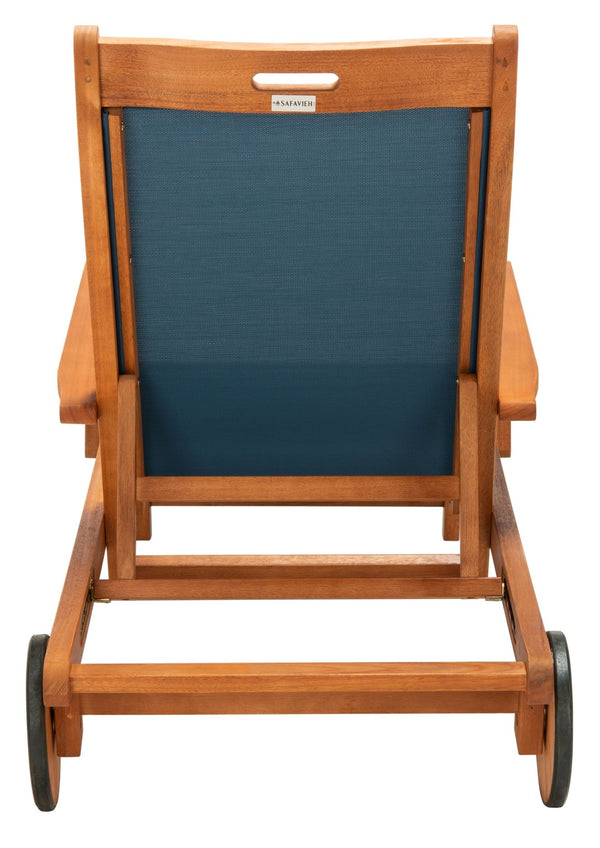 Safavieh KAMSON Deluxe Sun Lounger - Stylish Eucalyptus Wood Frame for Ultimate Outdoor Comfort and Relaxation Natural / Navy PAT7071B