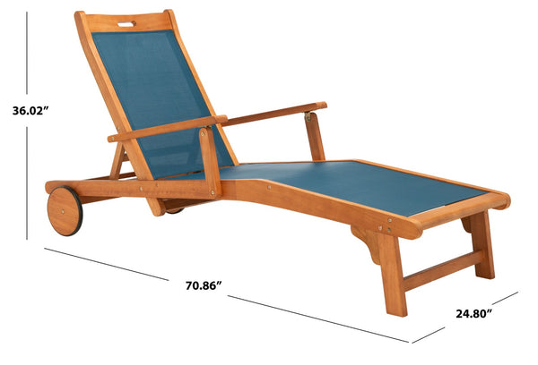 Safavieh KAMSON Deluxe Sun Lounger - Stylish Eucalyptus Wood Frame for Ultimate Outdoor Comfort and Relaxation Natural / Navy PAT7071B