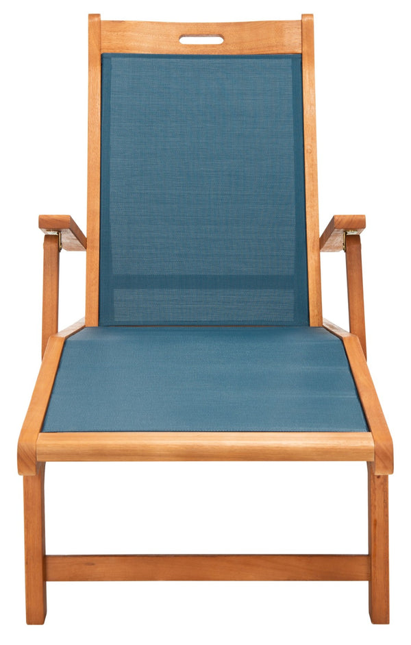 Safavieh KAMSON Deluxe Sun Lounger - Stylish Eucalyptus Wood Frame for Ultimate Outdoor Comfort and Relaxation Natural / Navy PAT7071B