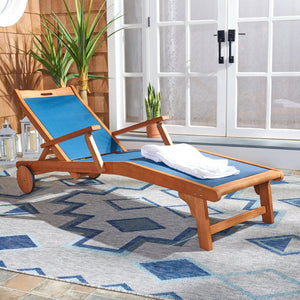 Safavieh KAMSON Deluxe Sun Lounger - Stylish Eucalyptus Wood Frame for Ultimate Outdoor Comfort and Relaxation Natural / Navy PAT7071B