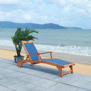 Safavieh KAMSON Deluxe Sun Lounger - Stylish Eucalyptus Wood Frame for Ultimate Outdoor Comfort and Relaxation Natural / Navy PAT7071B