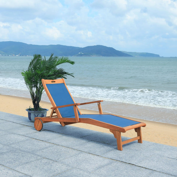Safavieh KAMSON Deluxe Sun Lounger - Stylish Eucalyptus Wood Frame for Ultimate Outdoor Comfort and Relaxation Natural / Navy PAT7071B