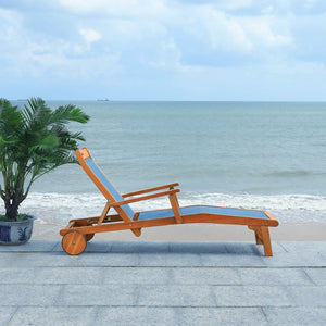 Safavieh KAMSON Deluxe Sun Lounger - Stylish Eucalyptus Wood Frame for Ultimate Outdoor Comfort and Relaxation Natural / Navy PAT7071B