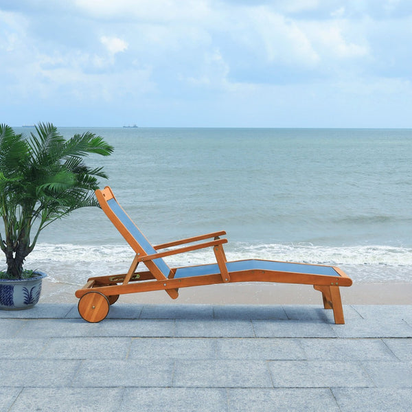 Safavieh KAMSON Deluxe Sun Lounger - Stylish Eucalyptus Wood Frame for Ultimate Outdoor Comfort and Relaxation Natural / Navy PAT7071B