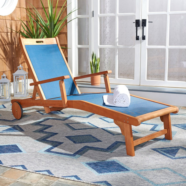 Safavieh KAMSON Deluxe Sun Lounger - Stylish Eucalyptus Wood Frame for Ultimate Outdoor Comfort and Relaxation Natural / Navy PAT7071B
