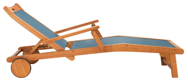 Safavieh KAMSON Deluxe Sun Lounger - Stylish Eucalyptus Wood Frame for Ultimate Outdoor Comfort and Relaxation Natural / Navy PAT7071B