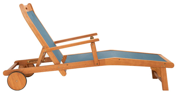 Safavieh KAMSON Deluxe Sun Lounger - Stylish Eucalyptus Wood Frame for Ultimate Outdoor Comfort and Relaxation Natural / Navy PAT7071B