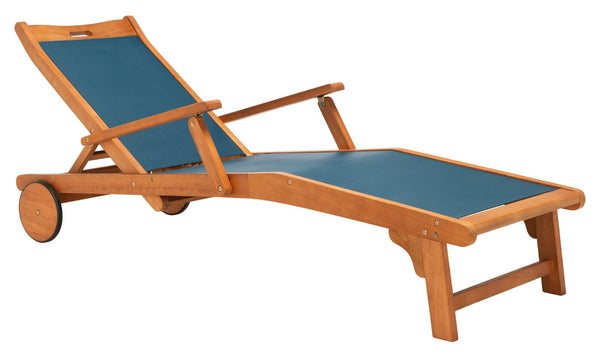 Safavieh KAMSON Deluxe Sun Lounger - Stylish Eucalyptus Wood Frame for Ultimate Outdoor Comfort and Relaxation Natural / Navy PAT7071B