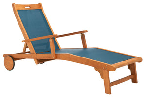 Safavieh KAMSON Deluxe Sun Lounger - Stylish Eucalyptus Wood Frame for Ultimate Outdoor Comfort and Relaxation Natural / Navy PAT7071B