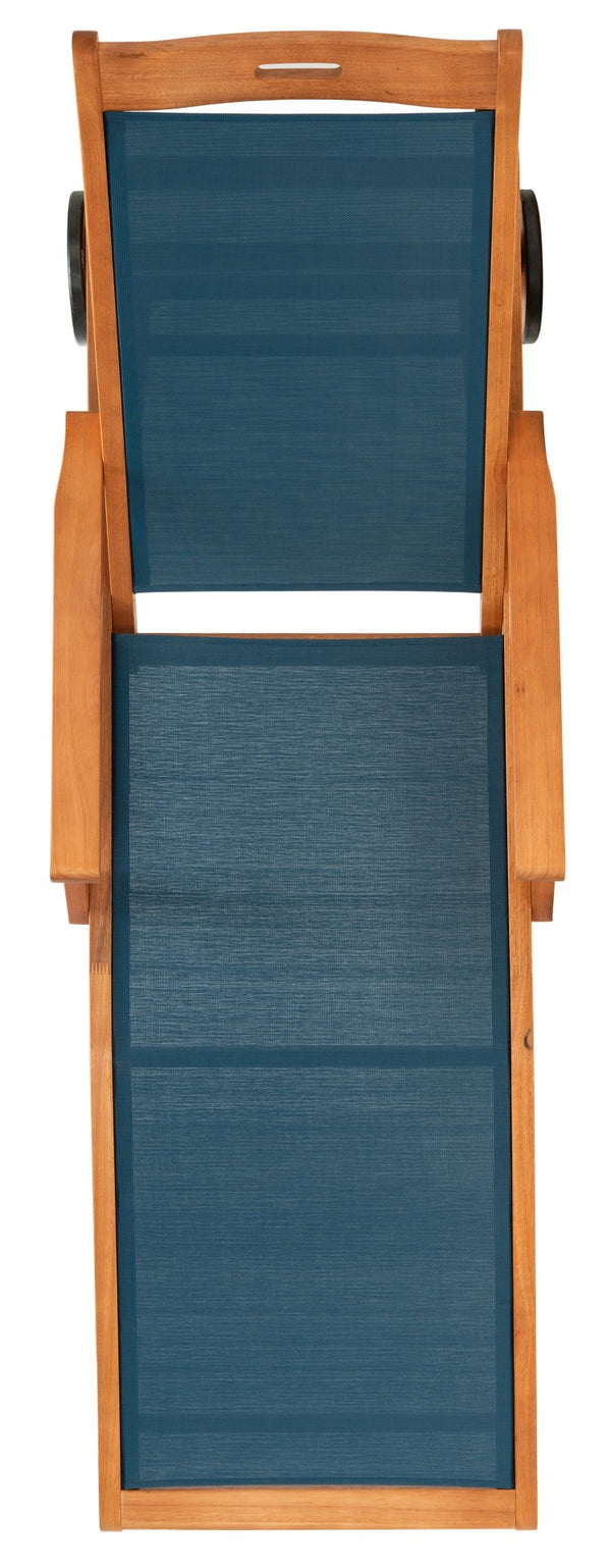 Safavieh KAMSON Deluxe Sun Lounger - Stylish Eucalyptus Wood Frame for Ultimate Outdoor Comfort and Relaxation Natural / Navy PAT7071B