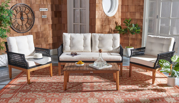Safavieh Winslo 4Pc Living Set Black Rope/ Beige Cushion/Natural Legs PAT7075B-2BX
