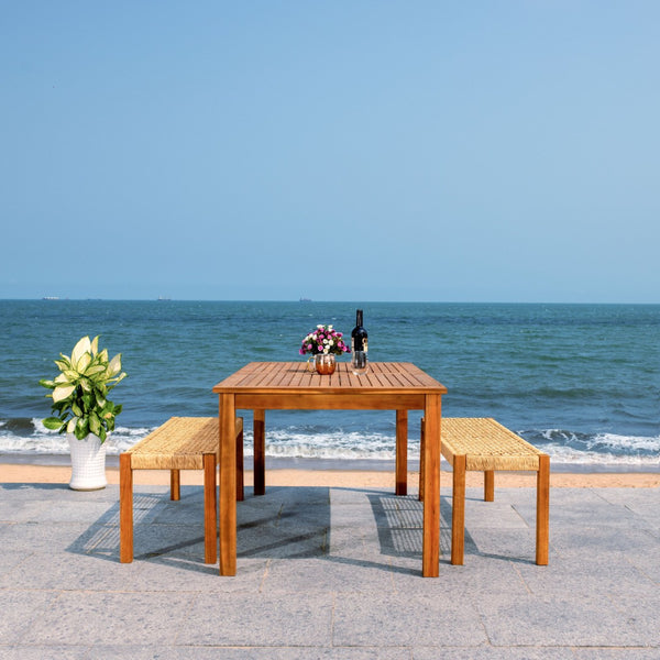 Safavieh AQUINA 3-Piece Patio Dining Set - Stylish Acacia Wood and Rattan for Outdoor Relaxation & Elegance Natural / Natural PAT7081A
