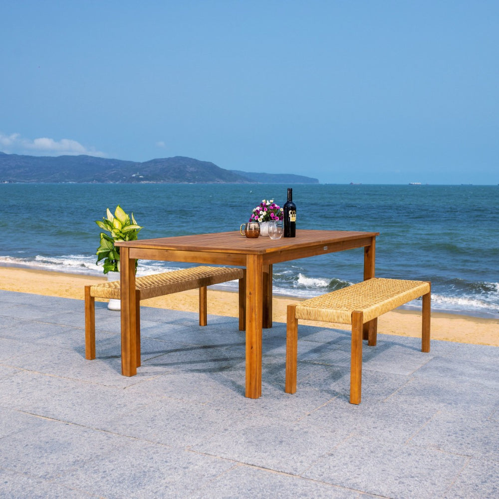 Safavieh AQUINA 3-Piece Patio Dining Set - Stylish Acacia Wood and Rattan for Outdoor Relaxation & Elegance Natural / Natural PAT7081A