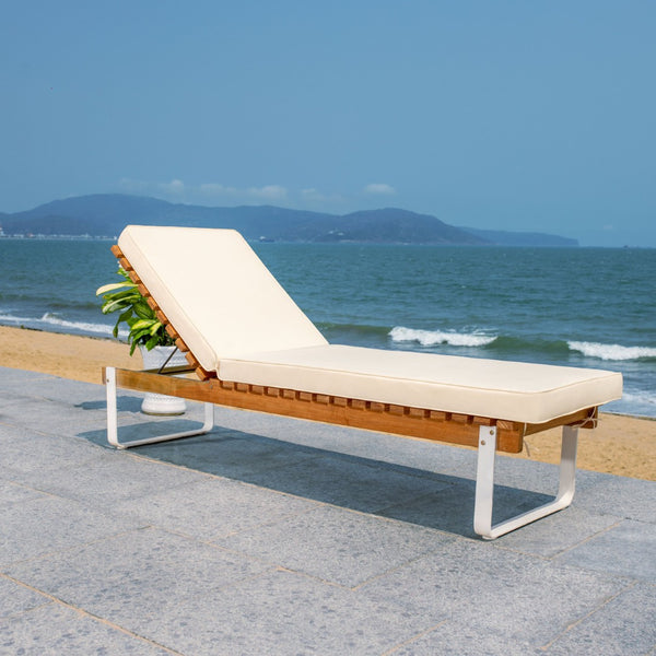 Safavieh NUCA Elegant Sunlounger - Natural Acacia Wood Frame with Plush White Cushion for Ultimate Comfort PAT7084A
