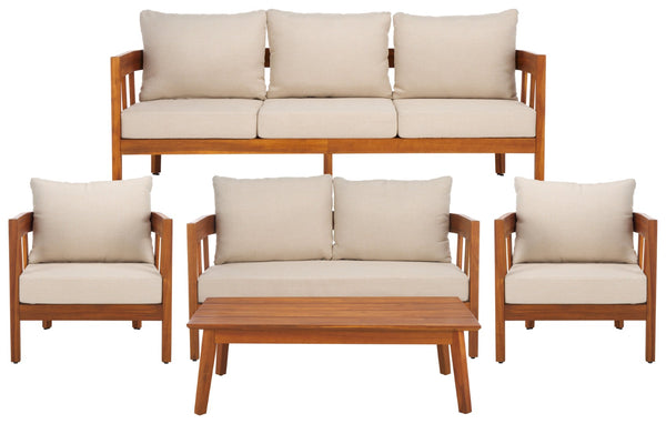Safavieh OWEN Bench + Table Set – Stylish Natural Acacia with Taupe Cushions for Elegant Outdoor Living PAT7086A
