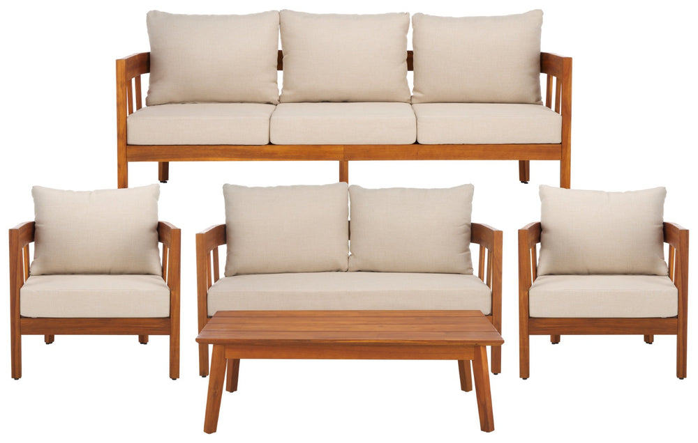 Safavieh OWEN Chair Set of 2 - Stylish Natural Acacia Wood with Taupe Cushions for Outdoor Relaxation & Entertaining PAT7085A-SET2