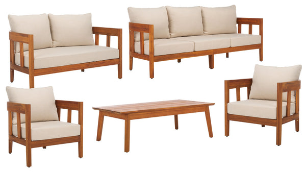 Safavieh OWEN Bench + Table Set – Stylish Natural Acacia with Taupe Cushions for Elegant Outdoor Living PAT7086A