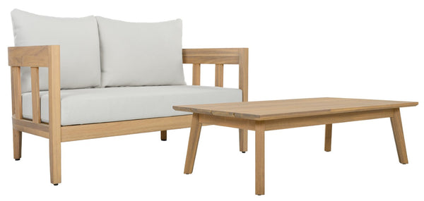 Safavieh Owen Loveseat and Side Table Set Warm Oak Frame Ivory Upholstered Transitional Seating PAT7086B