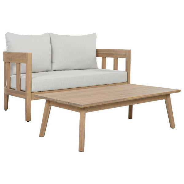 Safavieh Owen Loveseat and Side Table Set Warm Oak Frame Ivory Upholstered Transitional Seating PAT7086B