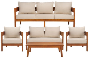 Safavieh THEO Chair Set of 2 - Durable Acacia Wood with Plush Taupe Cushions for Stylish Outdoor Comfort PAT7087A-SET2
