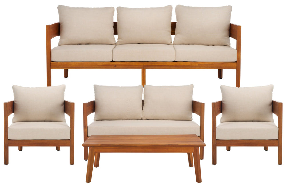 Safavieh THEO Bench + Table Set - Stylish Natural Wood & Taupe Cushions for Outdoor Comfort & Relaxation PAT7088A