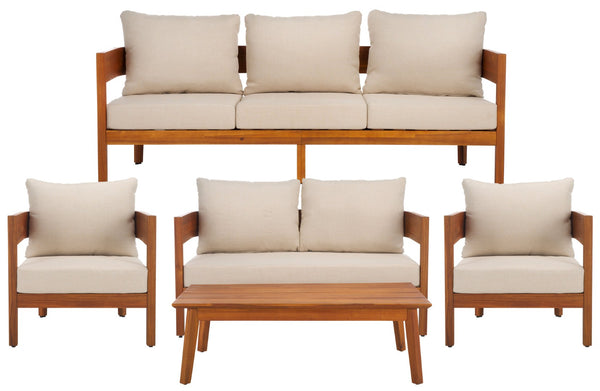 Safavieh THEO Bench + Table Set - Stylish Natural Wood & Taupe Cushions for Outdoor Comfort & Relaxation PAT7088A