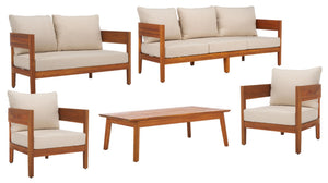 Safavieh THEO Bench + Table Set - Stylish Natural Wood & Taupe Cushions for Outdoor Comfort & Relaxation PAT7088A