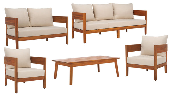 Safavieh THEO Bench + Table Set - Stylish Natural Wood & Taupe Cushions for Outdoor Comfort & Relaxation PAT7088A
