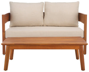 Safavieh THEO Bench + Table Set - Stylish Natural Wood & Taupe Cushions for Outdoor Comfort & Relaxation PAT7088A