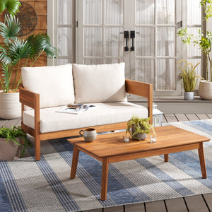 Safavieh THEO Bench + Table Set - Stylish Natural Wood & Taupe Cushions for Outdoor Comfort & Relaxation PAT7088A