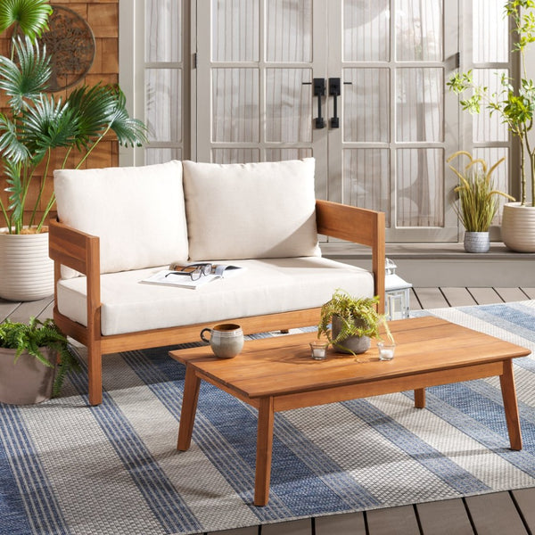 Safavieh THEO Bench + Table Set - Stylish Natural Wood & Taupe Cushions for Outdoor Comfort & Relaxation PAT7088A