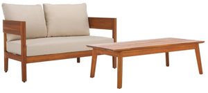 Safavieh THEO Bench + Table Set - Stylish Natural Wood & Taupe Cushions for Outdoor Comfort & Relaxation PAT7088A